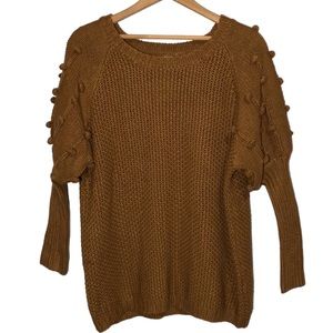 CES FEMME | Women’s Brown Chunky Woven Knit Pom Pom Sleeves Sweater size Large
